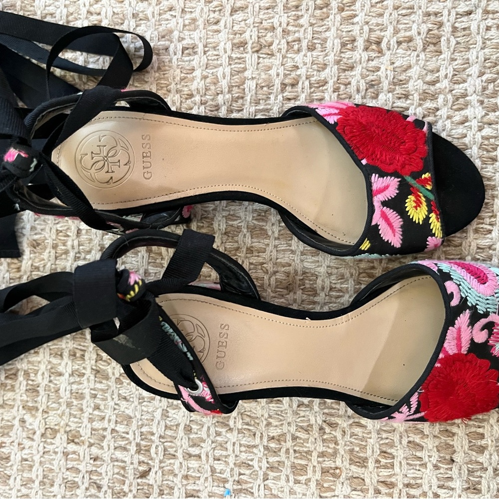 Guess Floral Embroidered Kitten Heel